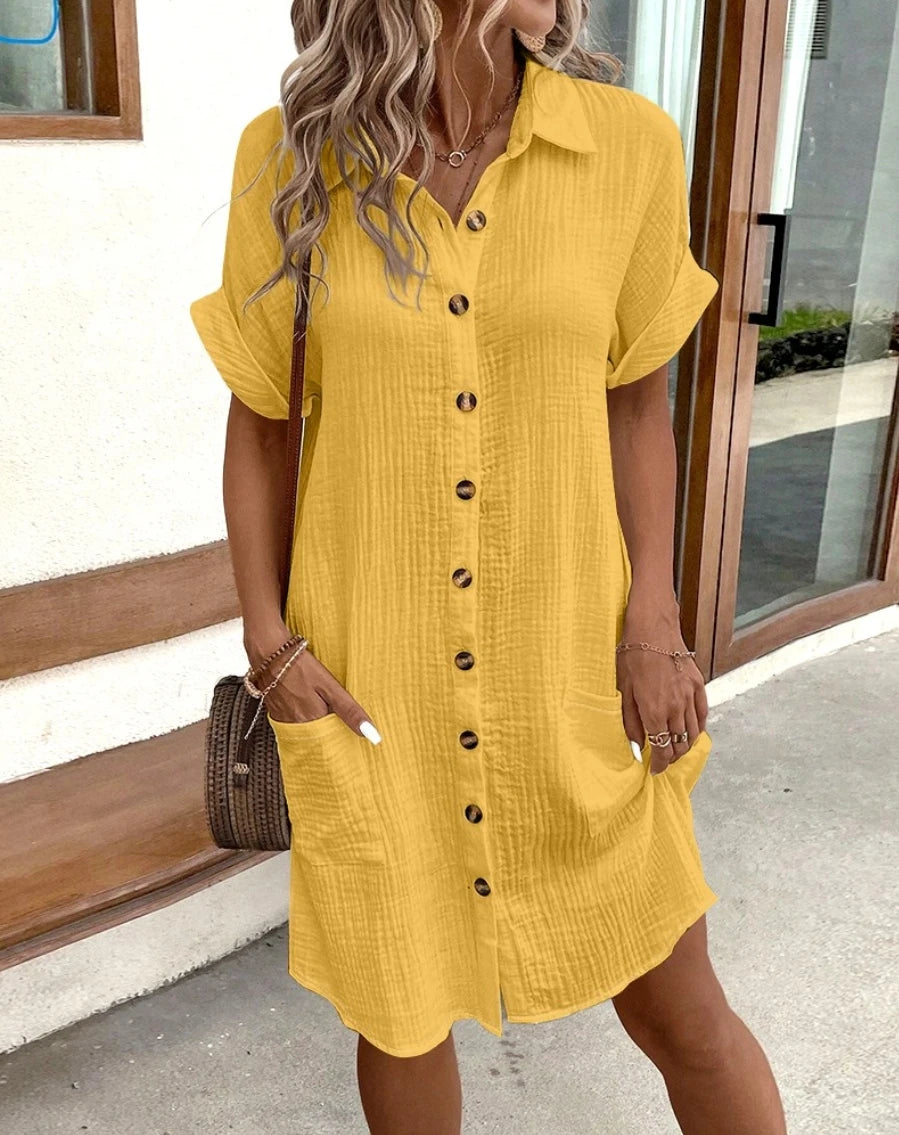 Vintage Women’s Cotton Linen Mini Dress – Summer V-Neck Casual Three-Quarter Sleeve Holiday Outfit