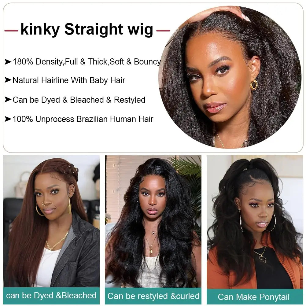 Kinky Straight Lace Front Wig – HD Transparent Remy Human Hair, Glueless Lace Part Wig for Women