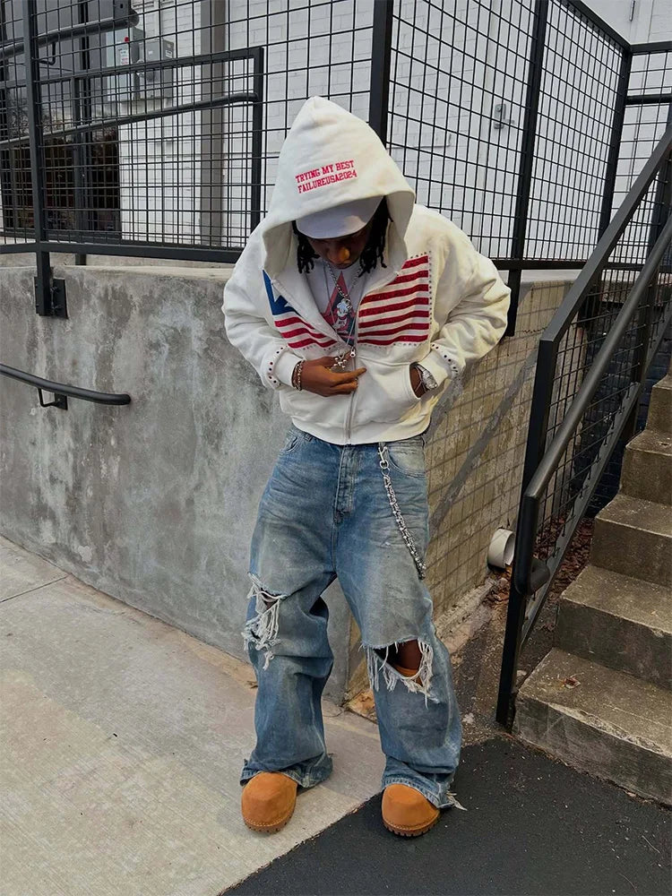 Color Block Flag Hoodie - Men's Y2K Harajuku Loose Fit Zipper Sweatshirt