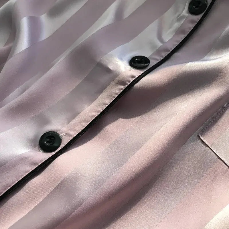 Women's Plus Size Satin Pajamas Set – Elegant Striped Long Sleeve Button-Up Top and Pants Loungewear