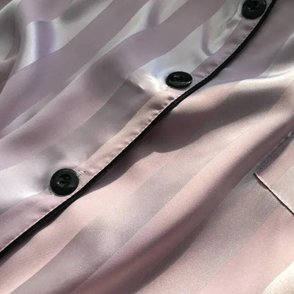Women's Plus Size Satin Pajamas Set – Elegant Striped Long Sleeve Button-Up Top and Pants Loungewear