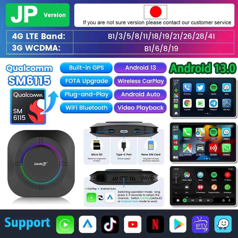 2025 Carlinkit AI Box LED – Android 13 Wireless CarPlay Adapter with Qualcomm 6115, 8-Core 64GB Smart TV Box for Netflix & IPTV