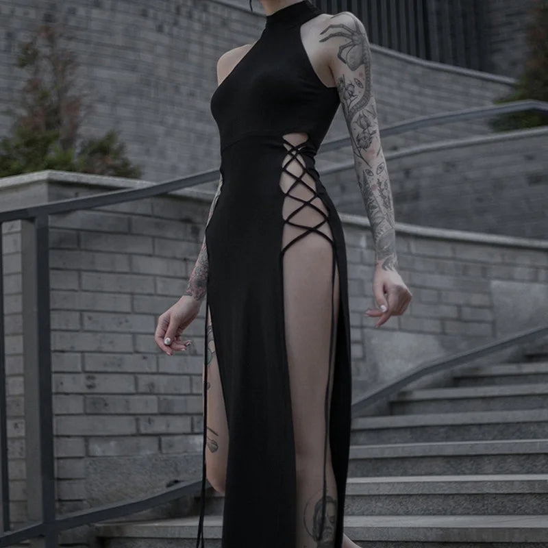 Gothic Dark Cosplay Dress – High Split Y2K Bandage Halter Slim Midi Black Grunge Partywear