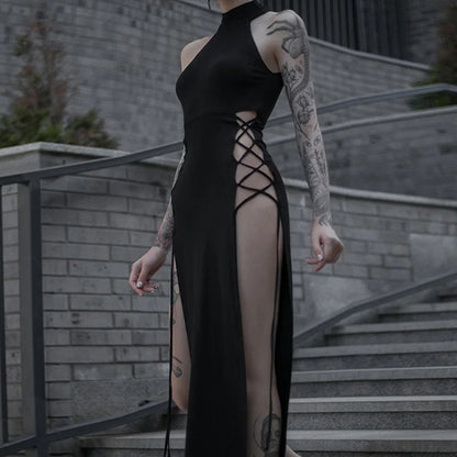 Gothic Dark Cosplay Dress – High Split Y2K Bandage Halter Slim Midi Black Grunge Partywear