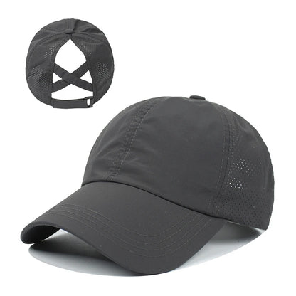 Summer Solid Color Baseball Cap – Quick-Drying Mesh Golf & Sports Hat for Women, Cross Ponytail Design, Men's Peaked Cap