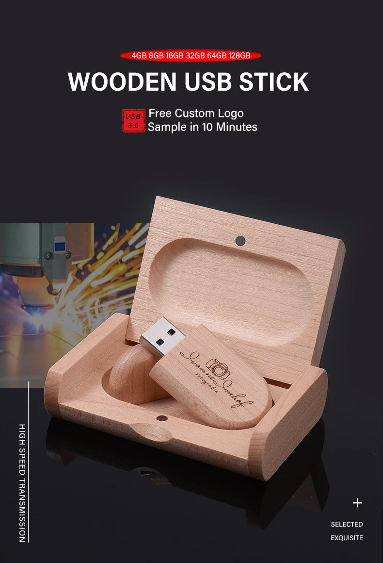 Custom Logo Wooden USB 2.0 Flash Drive with Box – 4GB 16GB 32GB 64GB Memory Stick for Wedding Photography Gifts