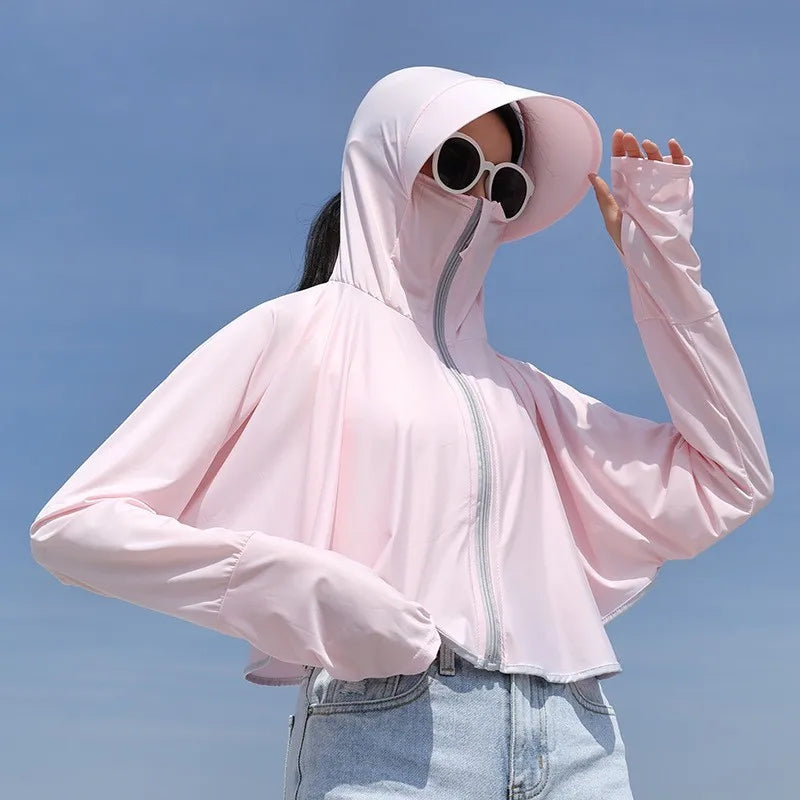 Women’s UPF 50+ Sunscreen Hoodie – Lightweight Ice Silk Long Sleeve UV Protection Jacket for Summer