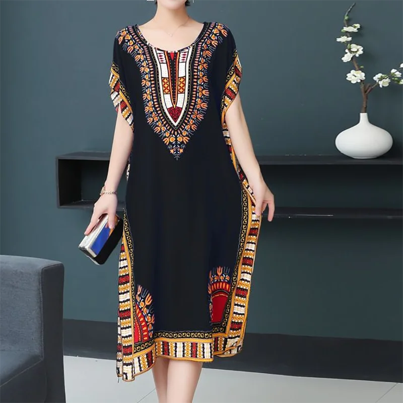 Women’s Bohemian Floral Tunic Dress - Retro Ethnic Print Batwing Sleeve Loose Summer Maternity Streetwear