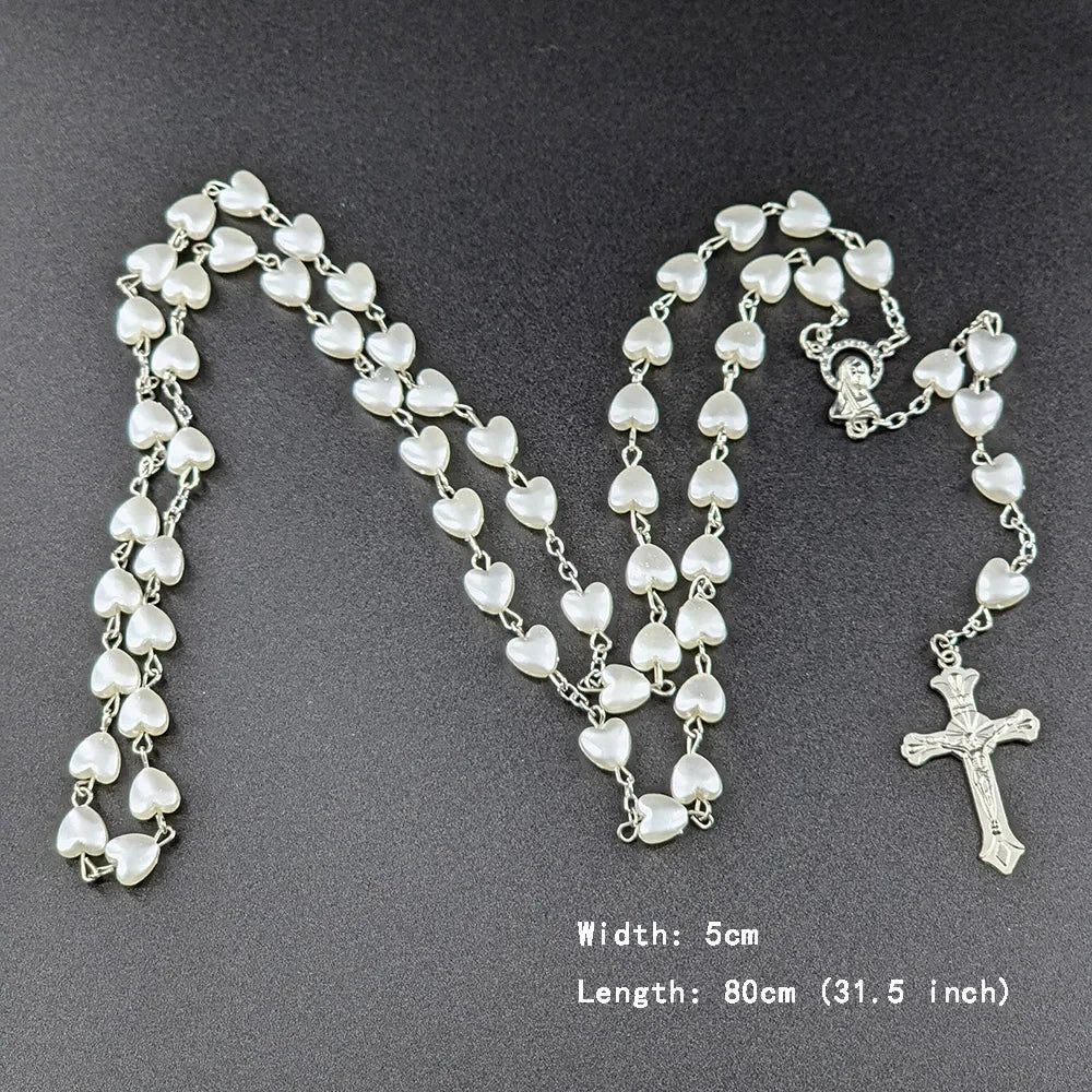 White Heart Rosary Necklace – Virgin Mary Cross INRI Pendant Long Chain Religious Prayer Jewelry for Men & Women Accessories