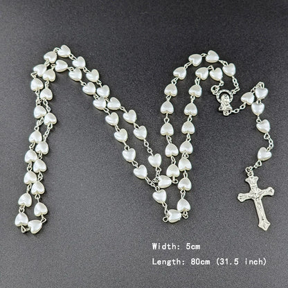 White Heart Rosary Necklace – Virgin Mary Cross INRI Pendant Long Chain Religious Prayer Jewelry for Men & Women Accessories