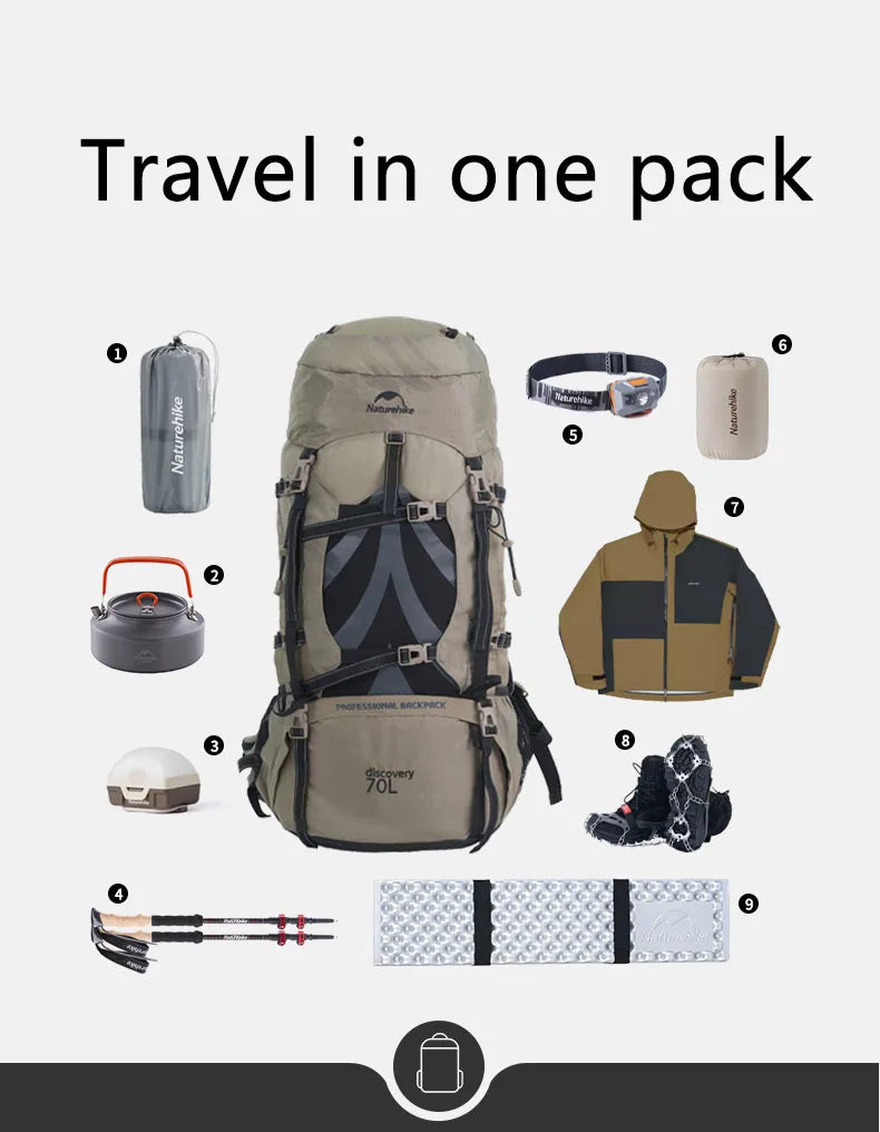 Naturehike 70L Camping Backpack — Large Capacity Ergonomic Hiking & Trekking Bag for Men with Rain Cover