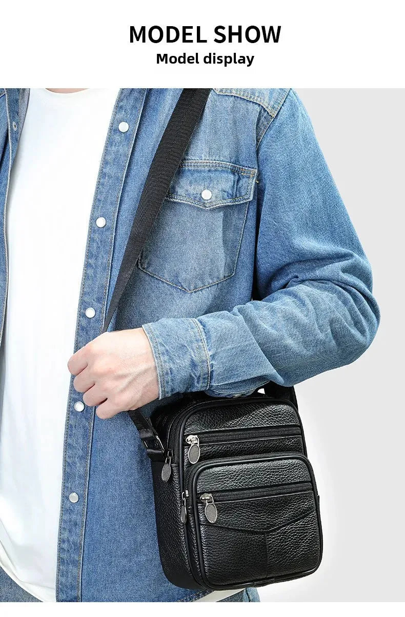 Men’s Genuine Leather Crossbody Bag – Small Outdoor Casual Bag for Motorcycle and Daily Use