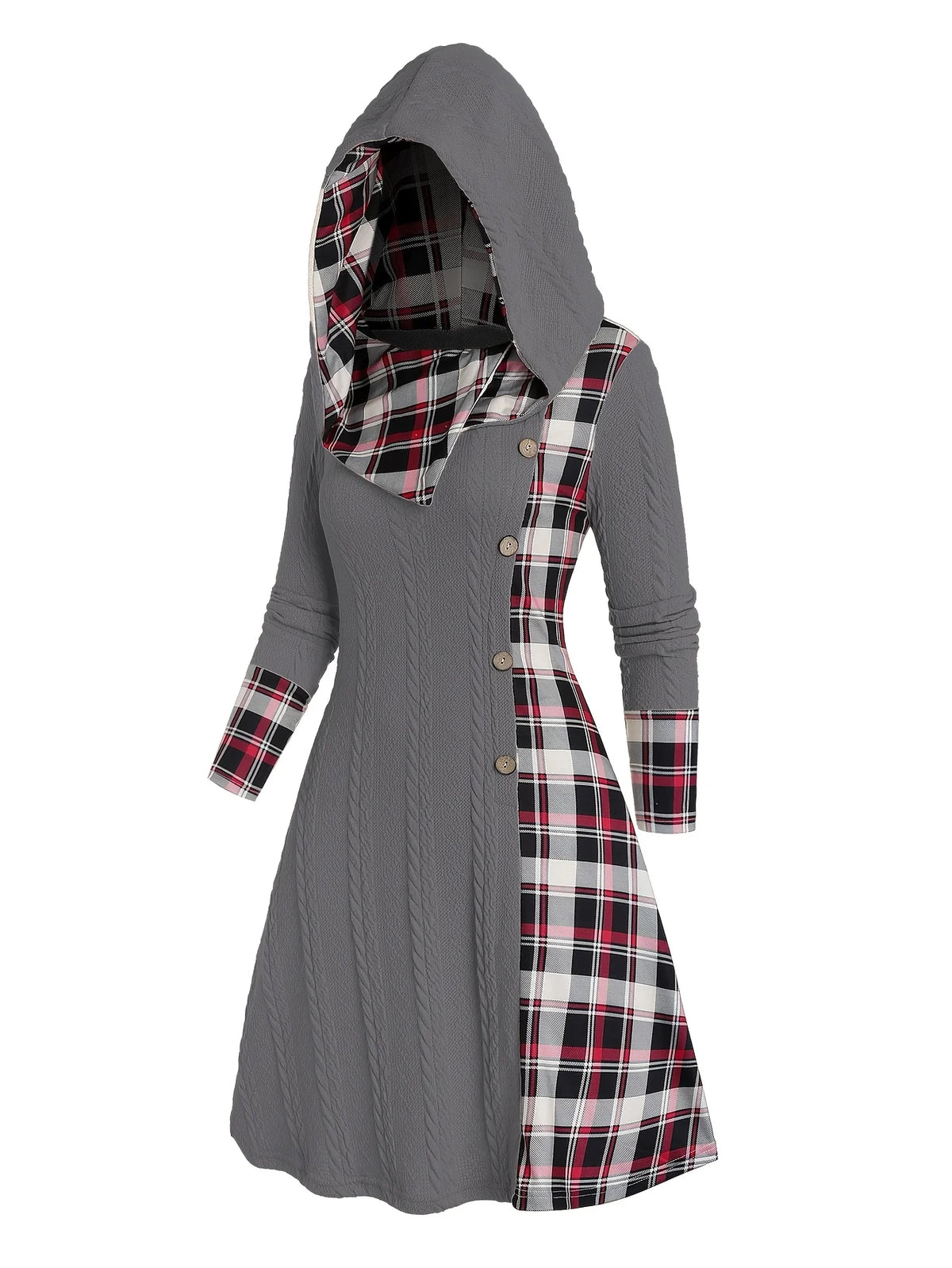 Knitted Hooded Plaid Dress - High Waist A-Line Long Sleeve Dress with Faux Buckle Detail for Women