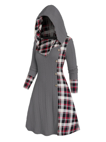 Knitted Hooded Plaid Dress - High Waist A-Line Long Sleeve Dress with Faux Buckle Detail for Women