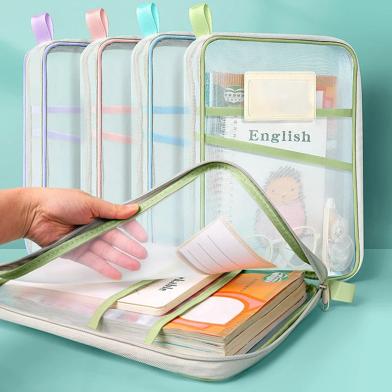 A4 Double-Layer Mesh Zipper Bag – Large Capacity Stationery Storage Organizer for School and Office Supplies