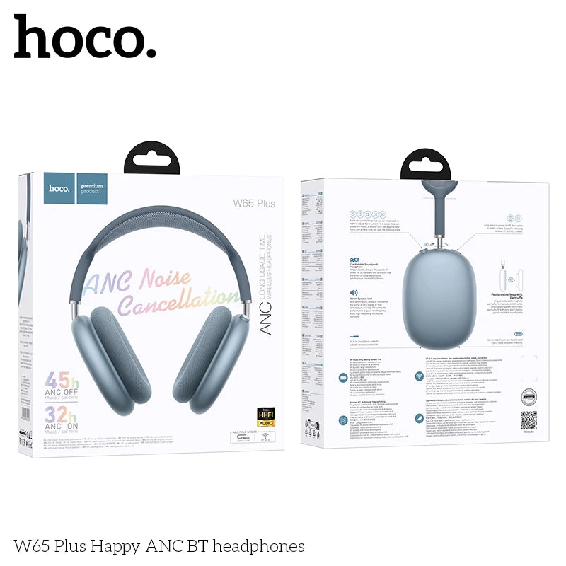 HOCO W65 Plus ANC Bluetooth Headphones – Over-Ear Wireless HiFi Sport Headset with Noise Reduction & Control Button