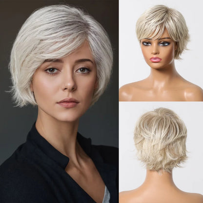 Short Pixie Cut Grey Human Hair Wig – 8 Inch Layered Fashion Wig for Women, Daily Use, Machine Made