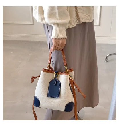 2022 New Korean Style Fashionable Portable Bucket Bag – Trendy Canvas Contrast Texture Messenger Bag