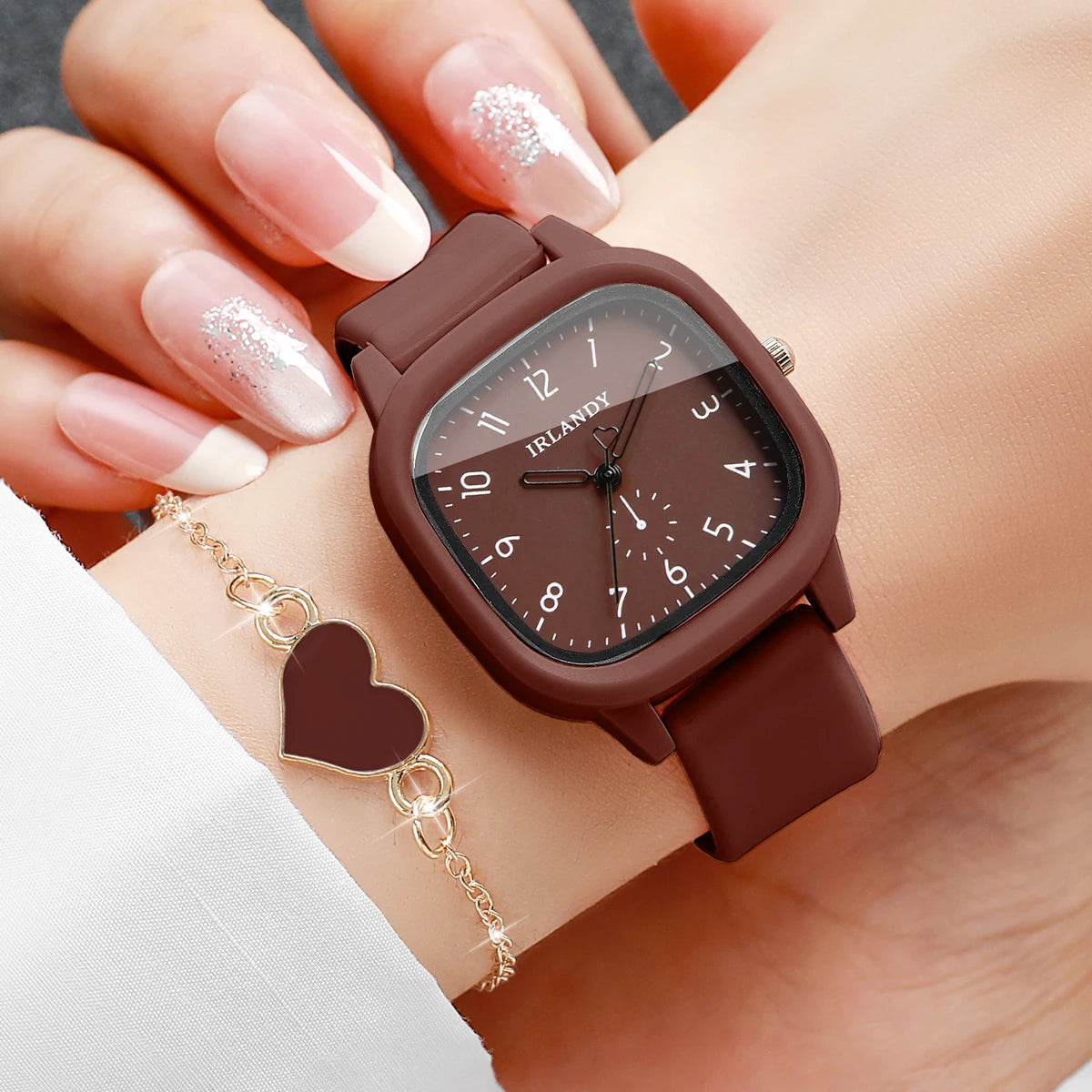 2PCS Women’s Quartz Watch & Heart Bracelet Set - Arabic Dial Square Silicone Strap Wristwatch