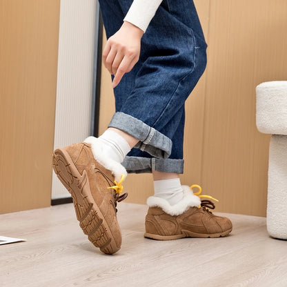 AIYUQI Women's Genuine Leather Sneakers – Retro German Trainers, Winter Velvet Fur, Flat Casual Shoes