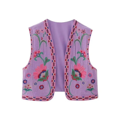 KEYANKETIAN Women's Vintage Floral Embroidered Open Waistcoat – National Style Vest Jacket, Casual Vacation Crop Top