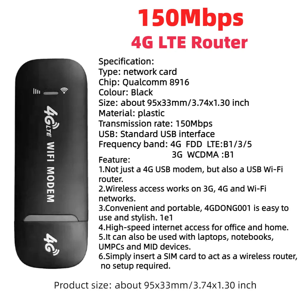 4G LTE USB Modem Dongle — 150Mbps Wireless WiFi Mobile Router with SIM Card Slot for Home & Office Pocket Hotspot