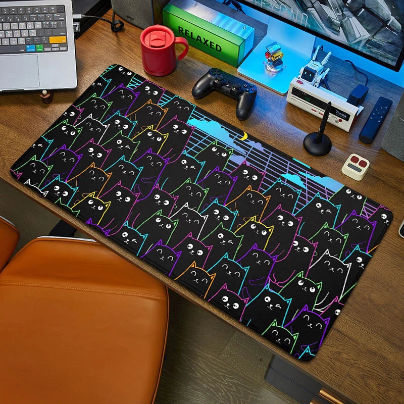 Black Cat Large Mouse Pad 90x40 — Kawaii Black & White Desk Mat for Computer & Office