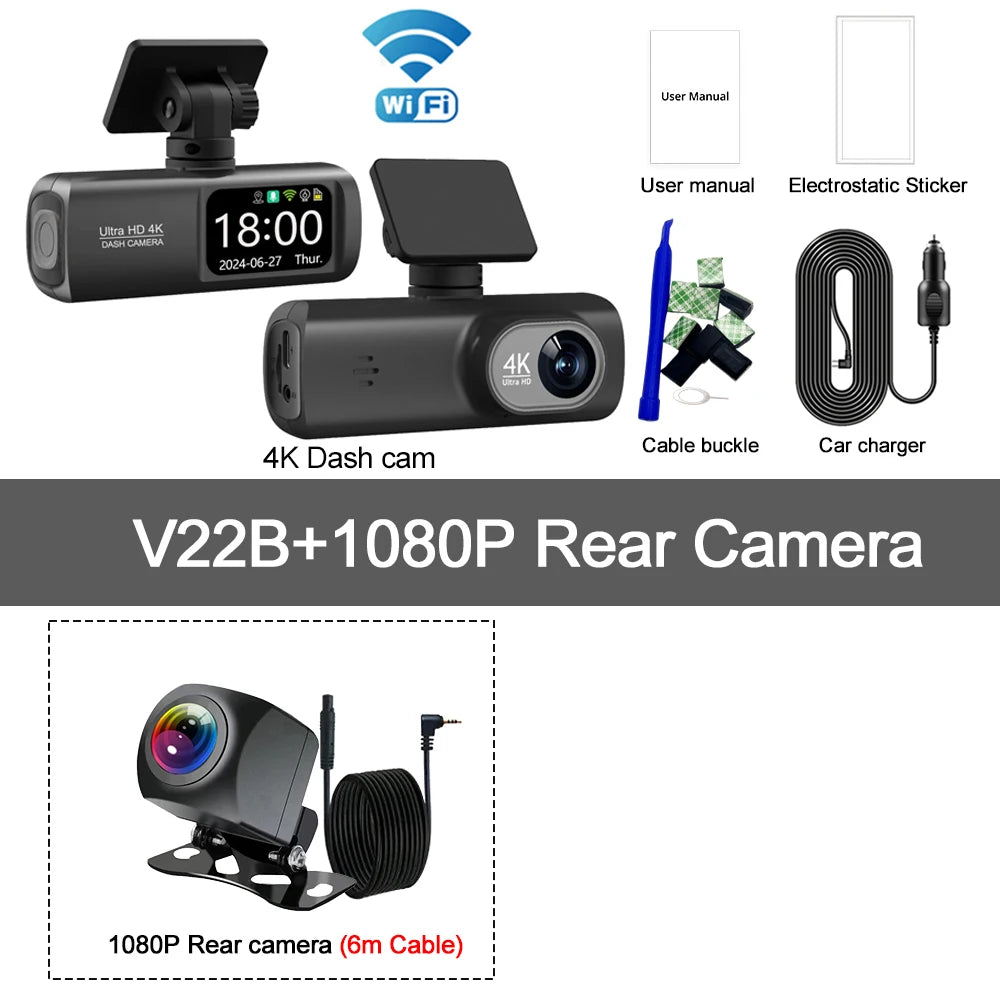 UHD 4K Dash Cam Dual Lens – 1080P Rear Lens, Built-in WiFi, GPS, 24-Hour Parking Monitoring Car DVR