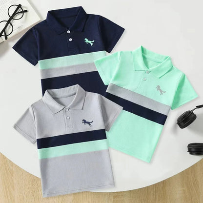 Boys' Striped Polo T-Shirt - Casual Short-Sleeve Lapel Top for Kids