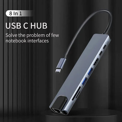 8-in-1 USB-C Hub 3.0 Splitter – 4K Docking Station Adapter with PD, SD, TF, RJ45, HDMI for MacBook Air M1, iPad Pro