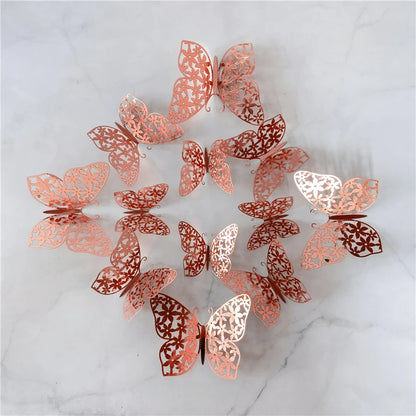 12PCS 3D Hollow Butterfly Wall Stickers – Gold, Silver & Rose Decorative Decals for Wedding, Living Room & Home Decor