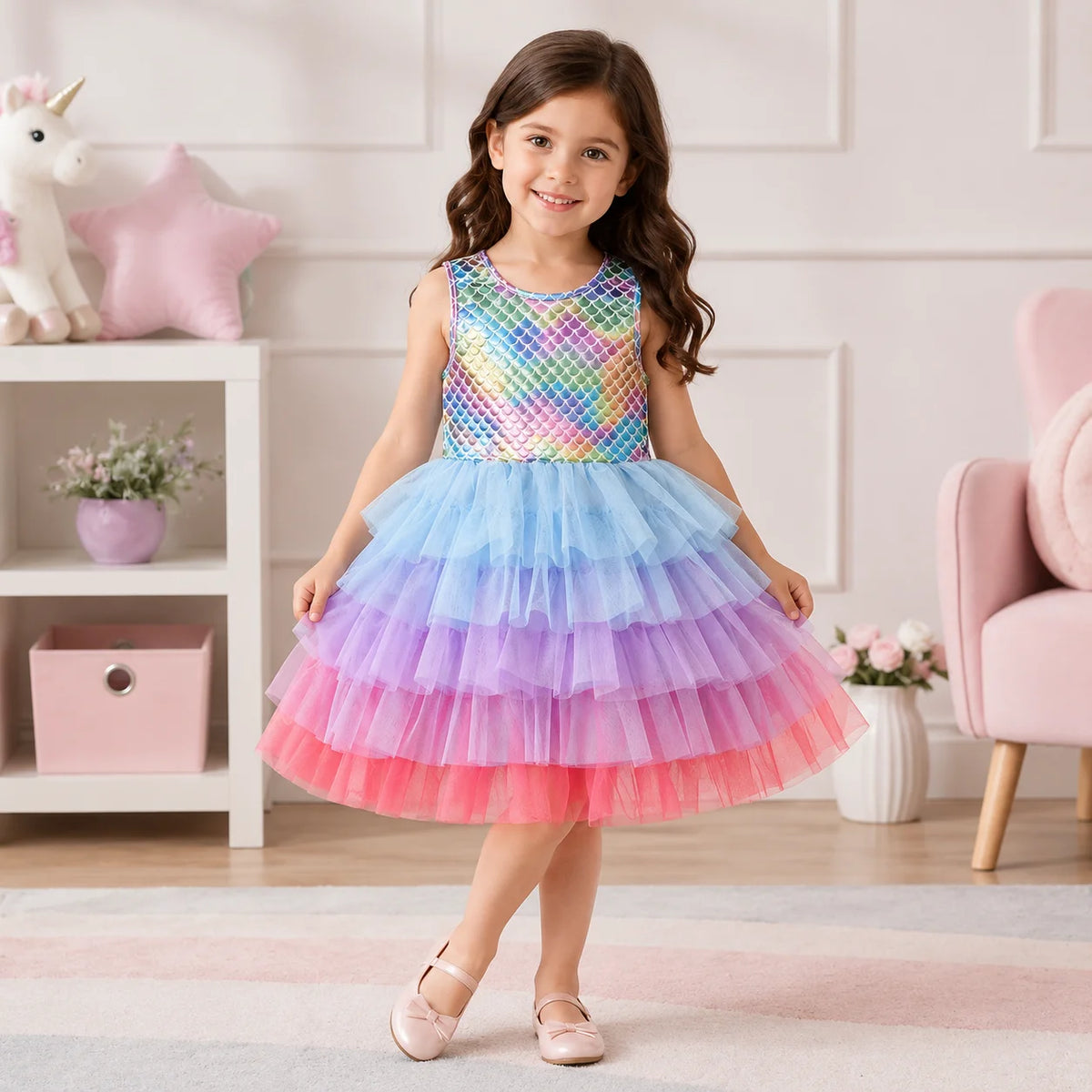 Girls Rainbow Mermaid Tutu Dress - Sleeveless Sequin Tulle Princess Party Costume