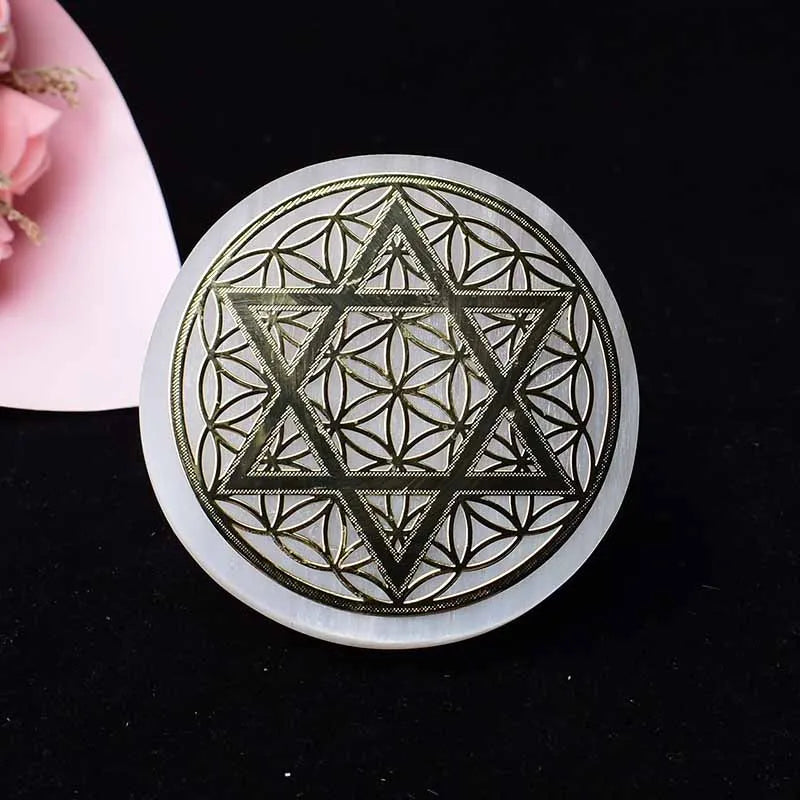 LSeven Chakras Natural Selenite Stone Disc - Reiki Crystal Healing Stone, Feng Shui Home Decor Gift