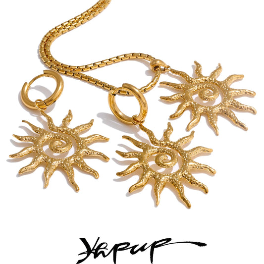 Stainless Steel Sun Drop Necklace & Hoop Earrings Set – Tarnish-Resistant Charm Jewelry for Women Gift