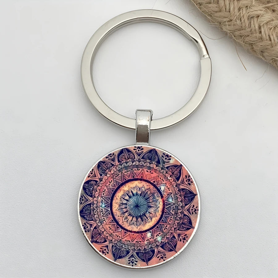 Retro Mandala Flower Yoga Keychain – Buddhist Chakra Glass Car Keyring for Men & Women Spiritual Jewelry Gift Accessory