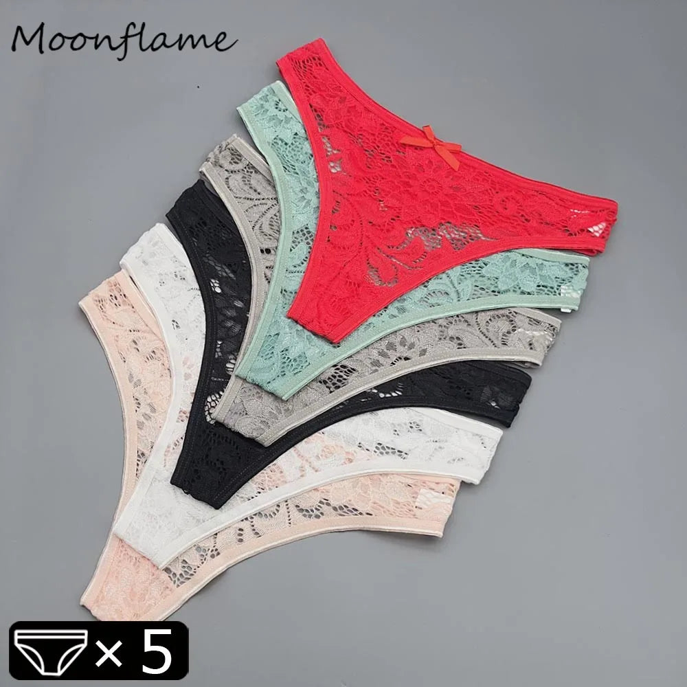 Moonflame 5Pcs Lace Thong Underwear Set - Women’s T-Back G-String Lingerie with Transparent Sexy Panties