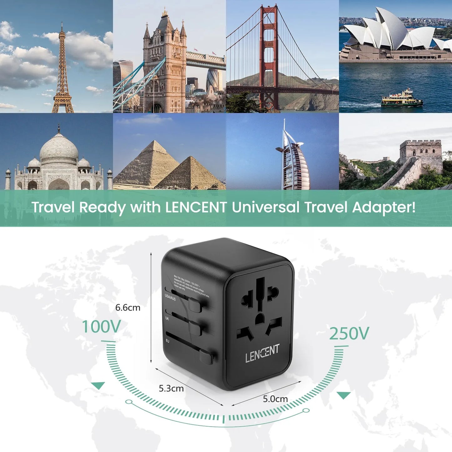 LENCENT International Travel Adapter – All-in-One Charger with 2 USB Ports, EU/UK/USA/AUS Plugs for Worldwide Travel