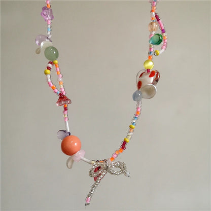 Y2K Strawberry Charm Choker Necklace - Ceramic Dog Pendant Acrylic Beaded Colorful Bow Aesthetic Jewelry for Women
