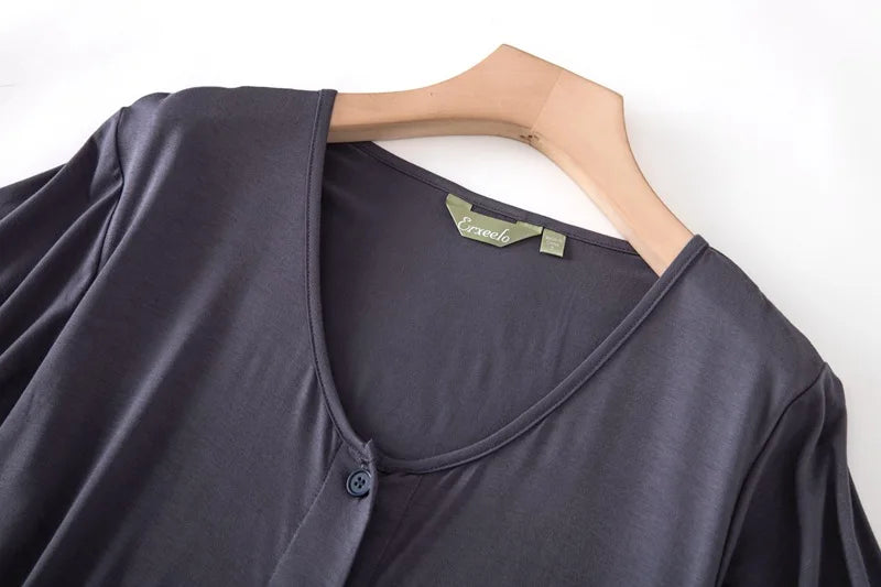 Women’s Modal Short-Sleeve Night Dress – Mid-Length Cotton Sleep Top with Buttons, Plus Size Pajamas