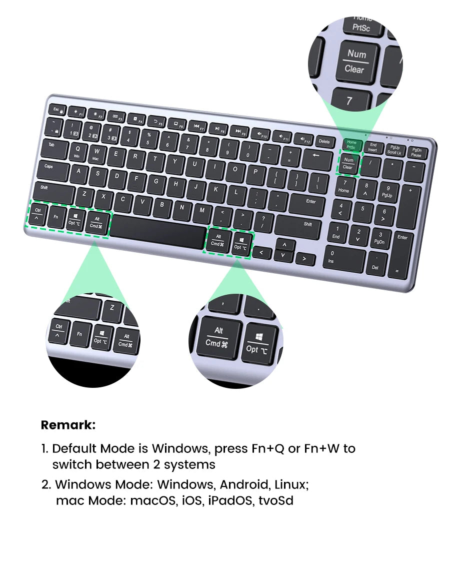UGREEN Wireless Bluetooth 5.0 & 2.4G Keyboard – 99 Keycaps Russian/Korean/English, USB-C Rechargeable for MacBook, iPad, PC & Tablet