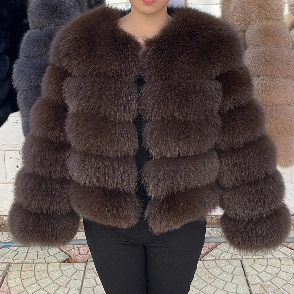 QUEENTINA Women’s Real Fox Fur Coat – Brown Leather & Skin Winter Fashion Outerwear 2025