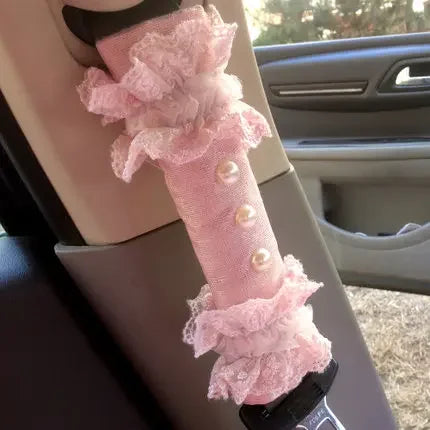 Pink Car Interior Accessories Set - Lace Steering Wheel Seat Belt Gear Shift And Mirror Covers For Women