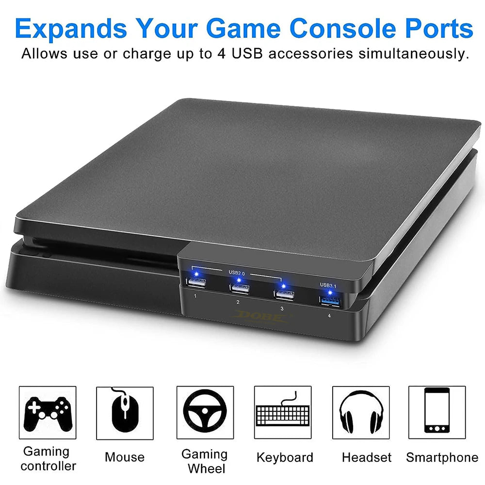 USB Hub Expansion Adapter for PS4 Slim – 3 USB 2.0 + 1 USB 3.0 Ports, High-Speed Plug & Play Charger for Controllers   1/2