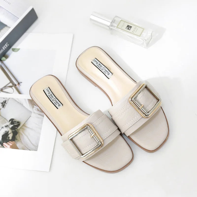 Women’s Flat Slippers — Summer Leather Square Toe Flats, Designer Slides & Luxury Sandals