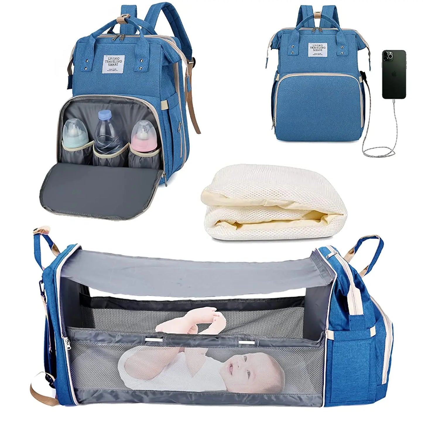 3-in-1 Diaper Bag Backpack – Waterproof Travel Bag with Foldable Baby Bed & USB Charging