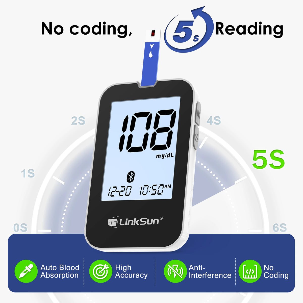 LinkSun G-427B Bluetooth Blood Glucose Meter Kit - Digital Diabetes Monitor with Large Display and 50 or 100 Test Strips