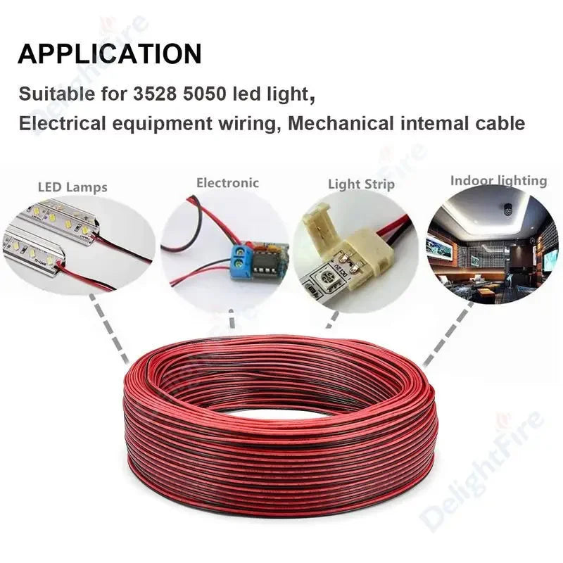 2-PIN Electrical Wire – Tinned Copper PVC Insulated Red & Black Cable for LED Strip Light Extension, 18/26/28 AWG
