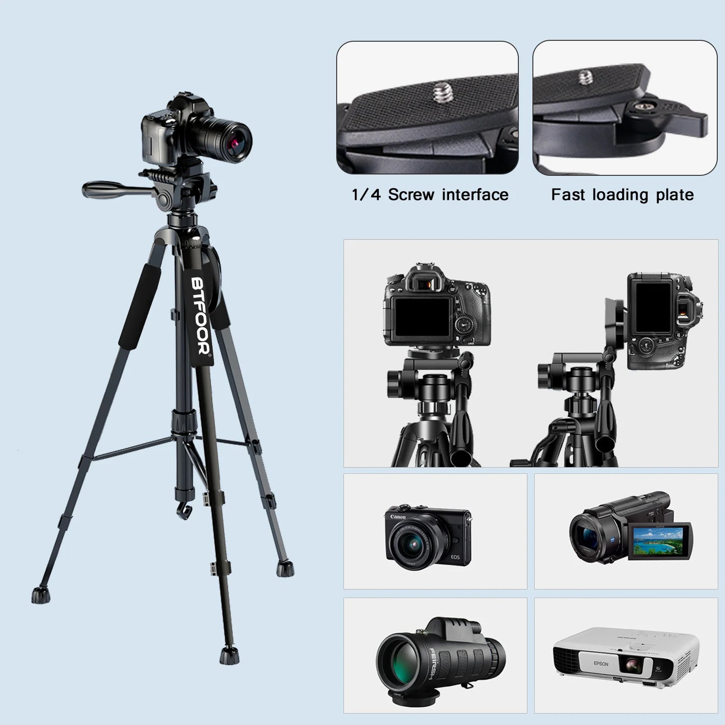 55" Aluminum Phone & Camera Tripod – 140CM Tall Travel Stand with Quick Release Plate & Pan Head for Canon Nikon DSLR SLR