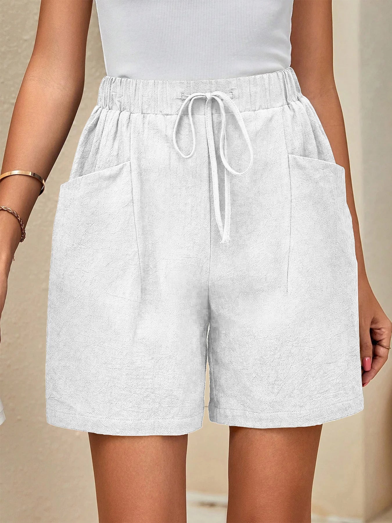 Women’s Linen Summer Shorts - Solid Color Elastic Waist Drawstring Casual Shorts for Everyday Wear