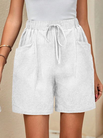 Women’s Linen Summer Shorts - Solid Color Elastic Waist Drawstring Casual Shorts for Everyday Wear